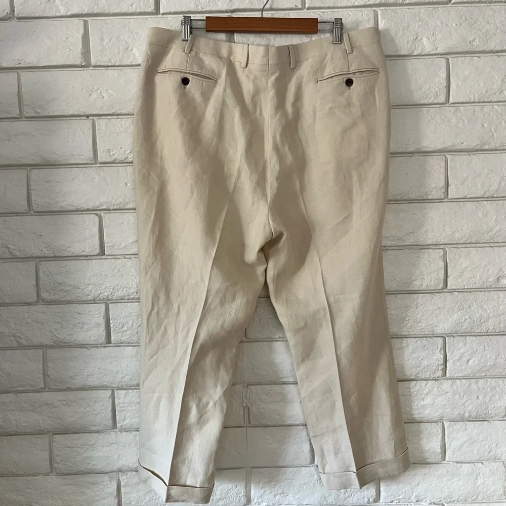 New & Lingwood Men’s Dress Slacks Trouser Cream Ivory Italian Linen Sz 42 Luxury